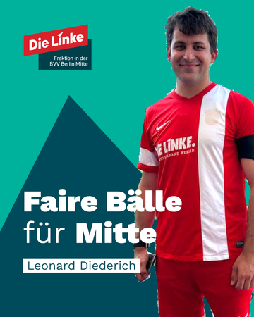 Leonard Diederich im Fußballtriko, als Text steht dort: "Faire Bälle für Mitte". 