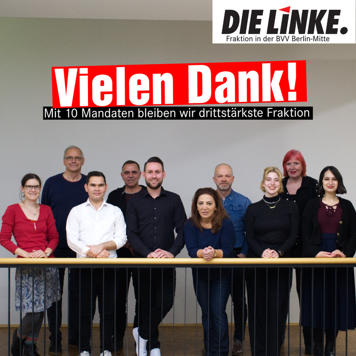 Ein Gruppenfoto der Fraktion DIE LINKE. in der BVV Berlin-Mitte inklusive des Stadtrats Christoph Keller. In großer Schrift steht dort „Vielen Dank!“ kleiner darunter „Mit 10 Mandaten bleiben wir drittstärkste Fraktion. 