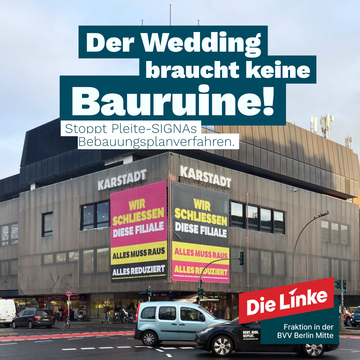 Grafik mit einem Bild vom Karstadt am Leopoldplatz an dem Ausverkaufsbanner hängen. Über dem Gebäude steht als Grafiktext „Der Wedding braucht keine Bauruine!“ und kleiner darunter „Stoppt Pleite-SIGNAs Bebauungsplanverfahren.“