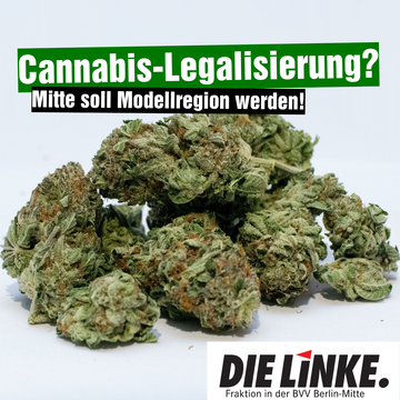 Ein Stockfoto von einigen Gramm Cannabis. Dadrüber steht in einer Textbox „Cannabis-Legalisierung? Mitte soll Modellregion werden!“