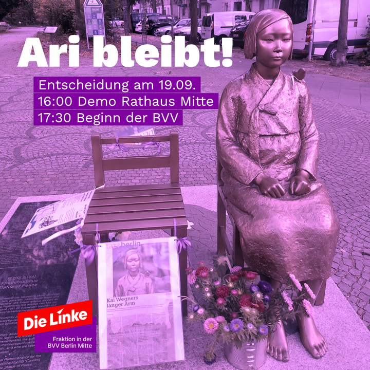 ari bleibt Ein Foto der Friedensstatue Ari in Berlin Moabit mit einem Lila Filter überlegt. Es gibt ein kleines Textfeld, dort steht „Ari Bleibt! Entscheidung am 19. September. 16:00 Uhr Demo Rathaus Mitte; 17:30 Beginn der BVV.“