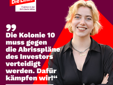 Zitatfoto mit Martha Kleedörfer. Sie sagt: „Die Koloniestraße 10 muss gegen die Abrisspläne des Investors verteidigt werden. Dafür kämpfen wir!“ 