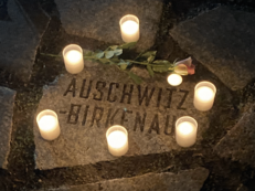 Foto des Steines des Mahnmals auf dem Auschwitz-Birkenau steht. Drumherum stehen sechs Kerzen, eine Rose liegt neben dem Stein. 