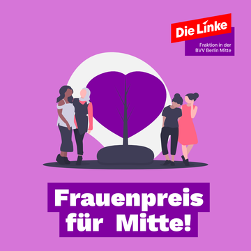 Eine lizenzfreie Illustration von Undraw, die 4 Frauen und ein violettes Herz zeigt. Darunter steht weiß auf violett: Frauenpreis für Mitte!
