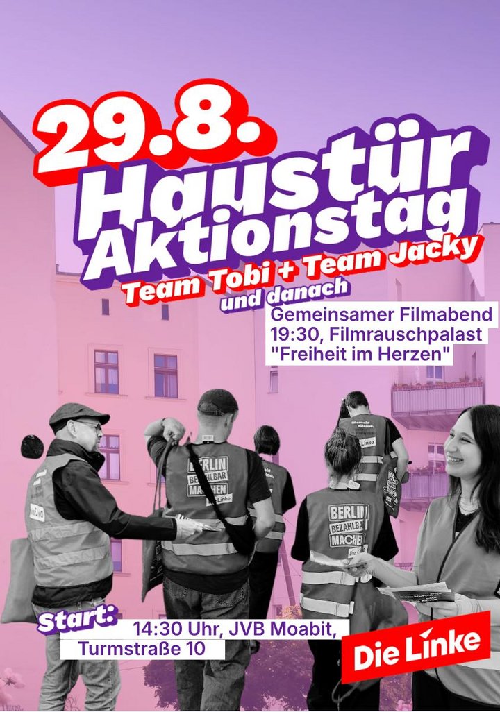 Großer Haustüraktionstag in Moabit am 29.8., Start: 14:30 Uhr im JVB Moabit, Turmstraße 10
