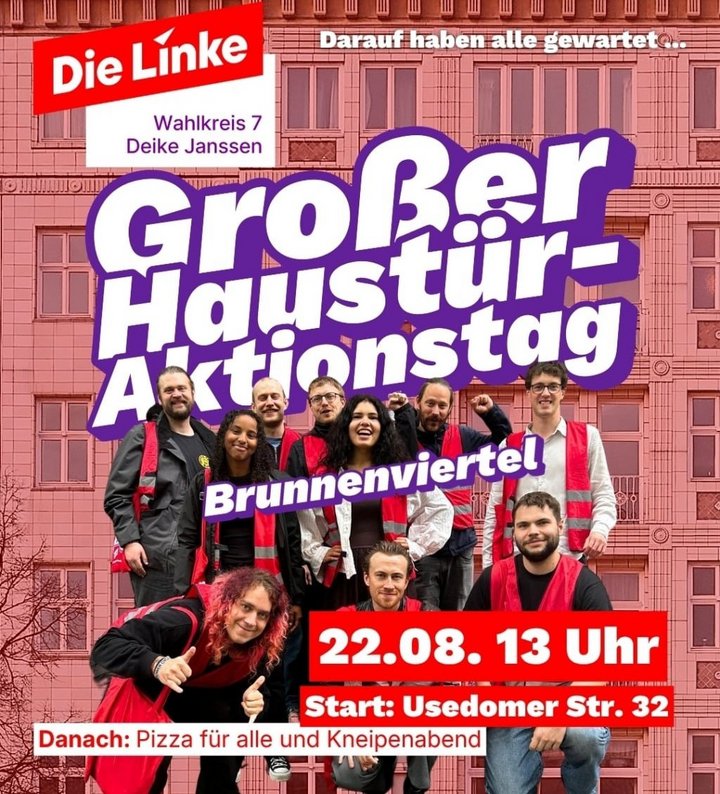 Großer Haustüraktionstag am 22.8. im Brunnenviertel (Sharepic)