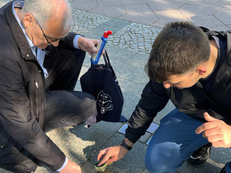 Foto: Die Bezirksverordneten  Rüdiger Lötzer und Leonard Diederich reinigen mehrere Stolpersteine im Hansaviertel. 