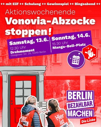 Vonovia Stoppen! Samstag ab 12:30 im Drehmoment, Sontnag ab 15:30 auf dem Manga-Bell-Platz