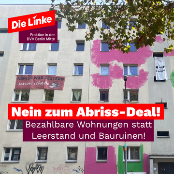 habersaath sept 24 Foto der Habersaathstraße 46-48. Unter einem Fenster hängt ein Banner auf dem „Abriss war gestern schon scheiße“ steht. Darunter ist ein Textfeld zu sehen in dem steht: „Nein zum Abriss-Deal! Bezahlbare Wohnungen statt Leerstand und Bauruinen“
